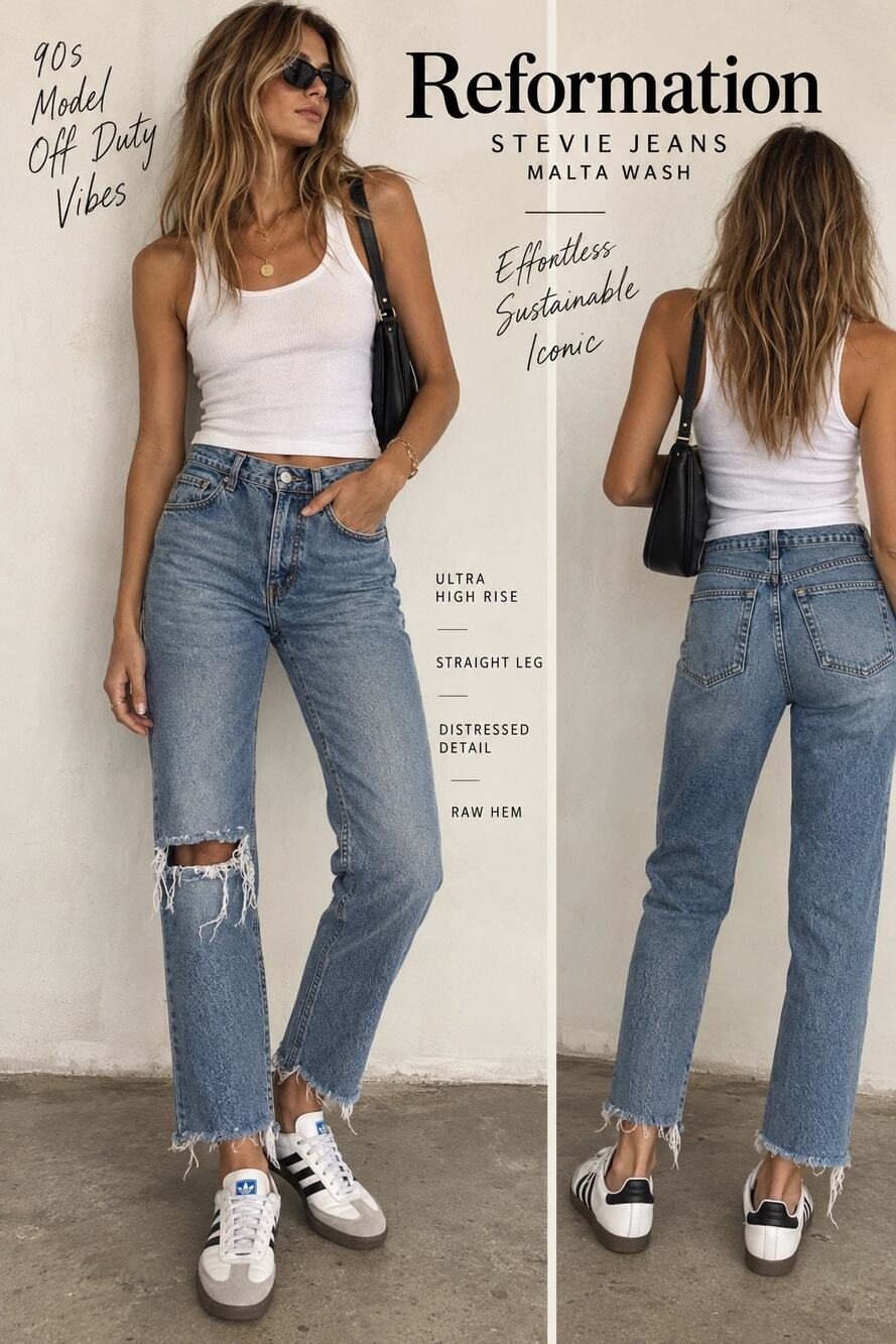 90s Minimalist Model Off Duty Reformation Stevie Distressed Jeans Malta Raw Hem